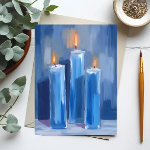 Postal Festiva Velas de Hanukkah con acuarela azul