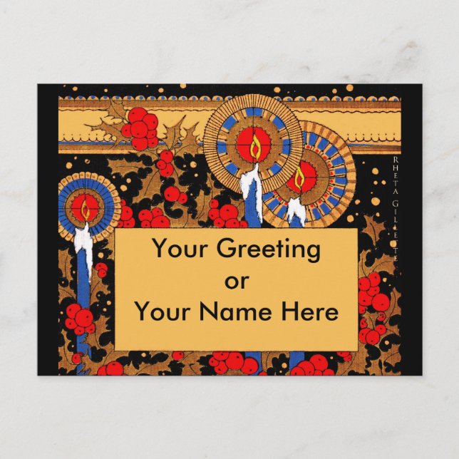 Postal Festiva Velas de Navidades Art Deco y Holly (Anverso)