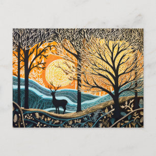 Postal Festiva Venado en el paisaje invernal. Bosque de linóleo a