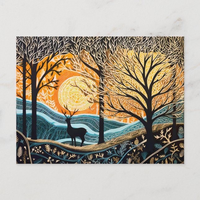 Postal Festiva Venado en el paisaje invernal. Bosque de linóleo a (Anverso)
