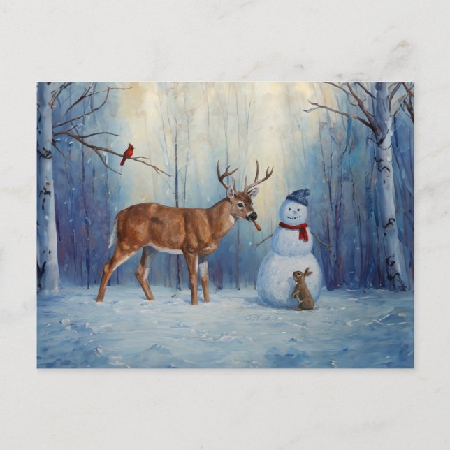 Postal Festiva Venado y feliz invierno de Snowman (Anverso)