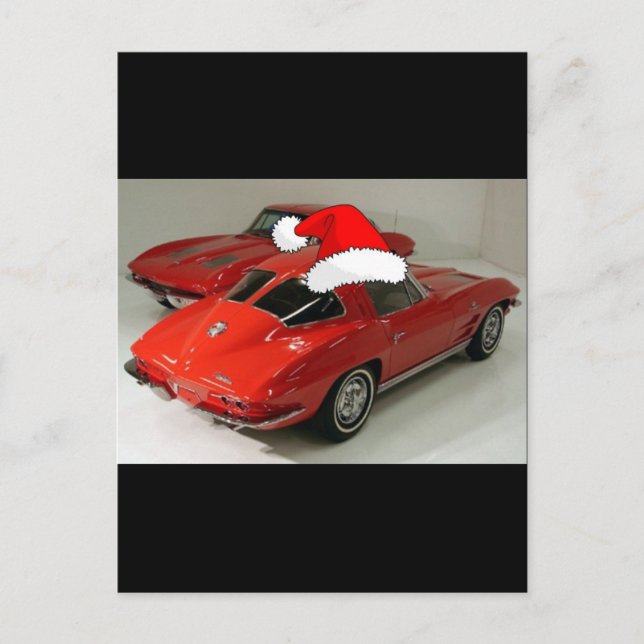 Postal Festiva Ventana dividida Corvette rojo clásico Navidades (Anverso)