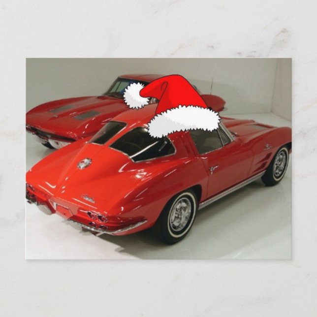 Postal Festiva Ventana dividida Corvette rojo clásico Navidades (Anverso)