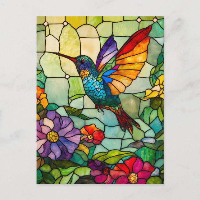 Postal Festiva Ventana estilo Tiffany de Hummingbird (Anverso)