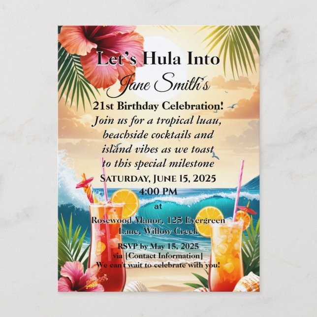 Postal Festiva Verano Tropical Fiesta de Playa Luau 21 cumpleaños (Anverso)
