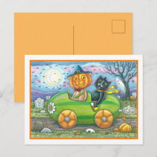 POSTAL FESTIVA VIAJE DE HALLOWEEN, JACK Y AMIGOS GATO NEGRO