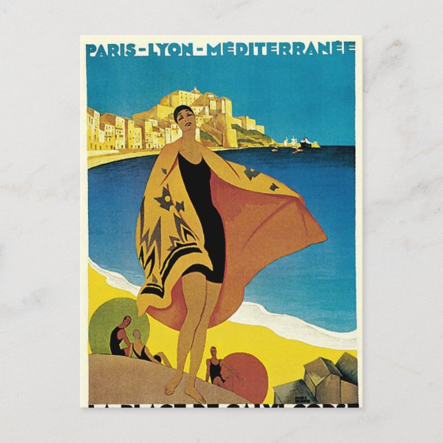 Postal Festiva Viaje francés vintage (Anverso)