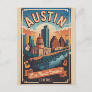 Postal Festiva Viaje Retro Vintage Austin Texas
