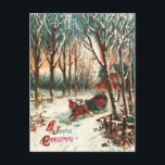 Postal Festiva Viaje romántico de alegría en un esquisto para Nav<br><div class="desc">Vintage ilustracion navideño de un trineo tirado por caballos con una pareja en él. Es una hermosa noche de invierno,  con los altos árboles cubiertos de nieve y el camino en el bosque.</div>
