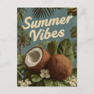 Postal Festiva "Vibes de verano" con cocos y follaje tropical
