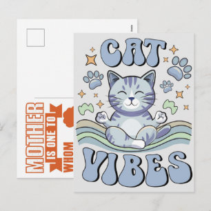 Postal Festiva Vibraciones pacíficas de gato con azul y verde rel