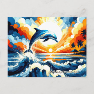 Postal Festiva Vibrant Tropical Dolphin Sunset Ocean Art