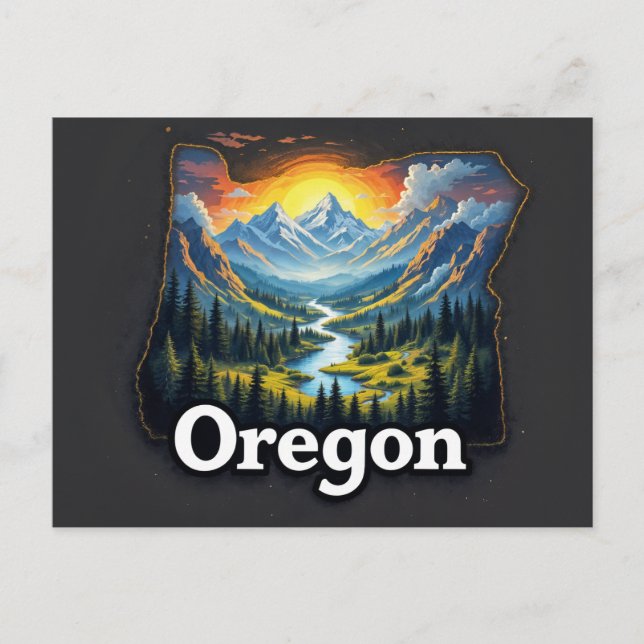 Postal Festiva Vibrante Arte Paisajista de Oregon | Mountai ilust (Anverso)