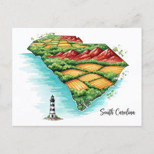 Postal Festiva Vibrante Mapa de Carolina del Sur