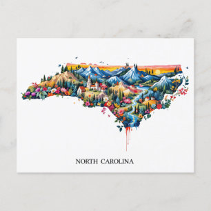 Postal Festiva Vibrante North Carolina Landscape Map Art Colorf