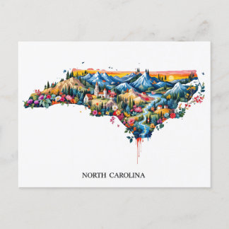 Postal Festiva Vibrante North Carolina Landscape Map Art | Colorf