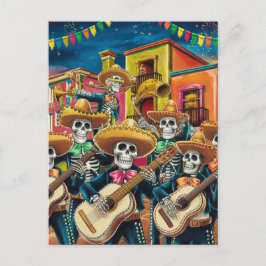 Postal Festiva Vibrante Skeleton Mariachi Band Día de Los muertos