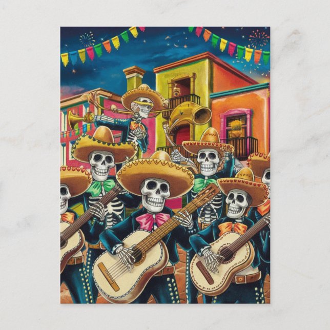 Postal Festiva Vibrante Skeleton Mariachi Band Día de Los muertos (Anverso)