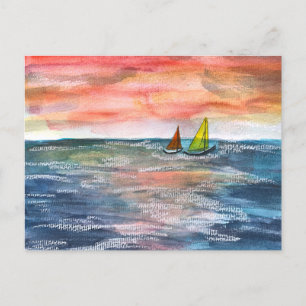 Postal Festiva Vibrante Sunset Sailing Watercolor Art