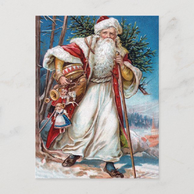 Postal Festiva Victorian Papá Noel en terciopelo rojo y la piel (Anverso)