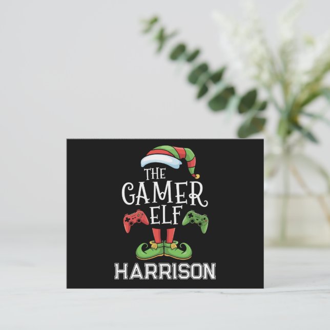 Postal Festiva Videojuegos personalizados de Navidades elf de gam (Anverso de pie)