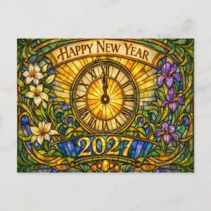 Postal Festiva Vidriera Floral Colorida Año Nuevo 2027