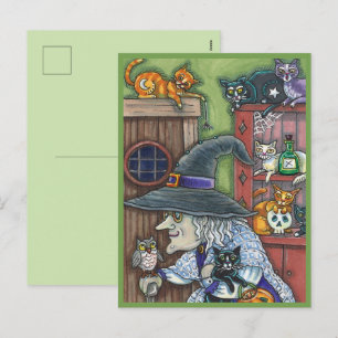POSTAL FESTIVA VIEJA BRUJA HOGAR FELIZ, MUCHOS GATOS Y BÚHO HALLO