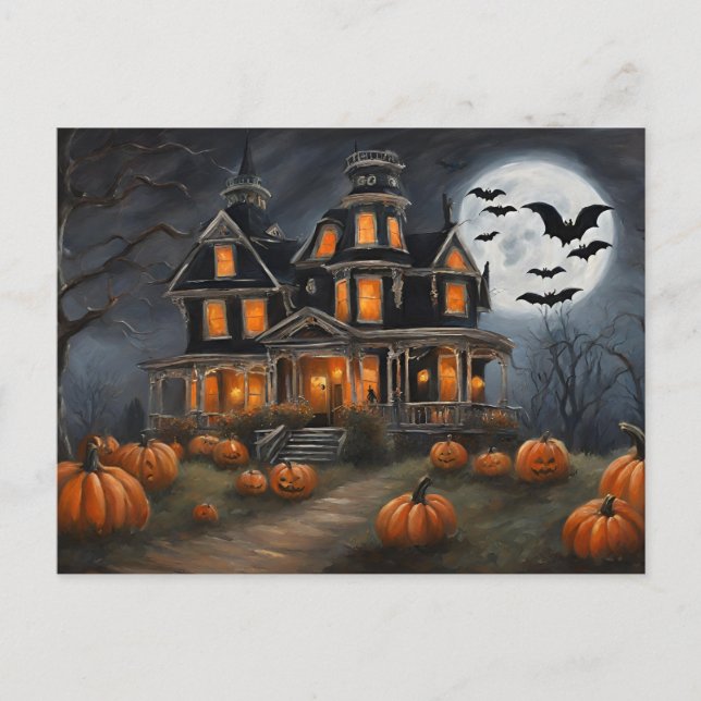 Postal Festiva Vieja casa de Halloween y calabazas (Anverso)