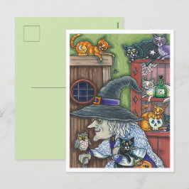 POSTAL FESTIVA VIEJO TESTIGO FELIZ CASA, MUCHOS GATOS Y OWL HALLO
