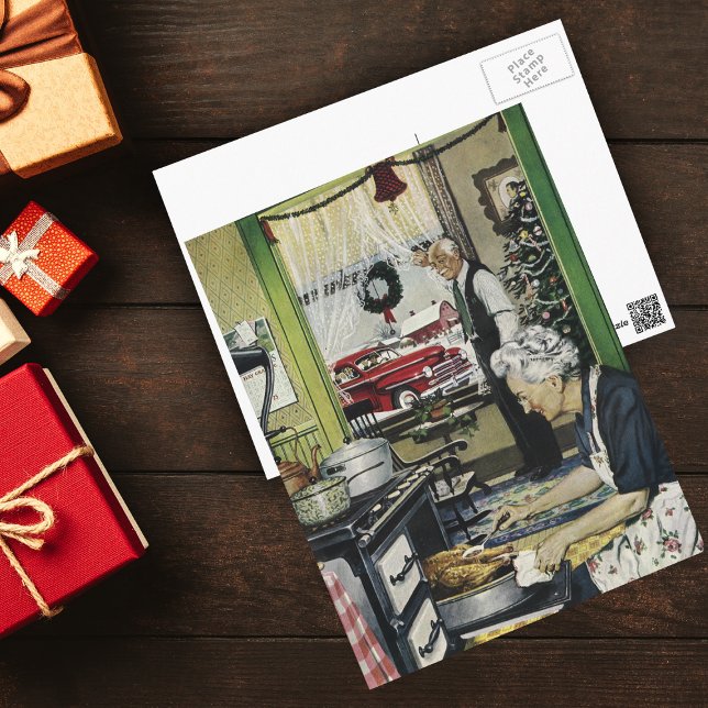 Postal Festiva Viejo Viejo Post De Navidades De Cocina Doméstica  (Vintage holiday scene Grandma's kitchen holiday dinner on a Christmas postcard.)