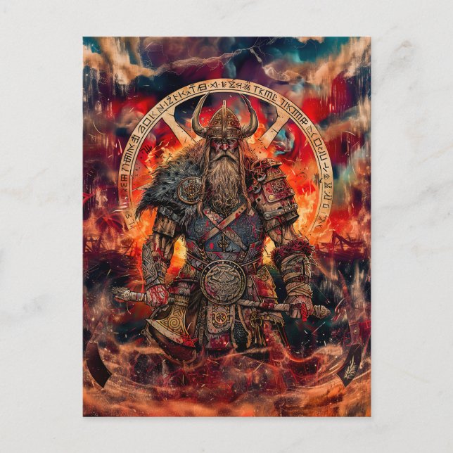 Postal Festiva Viking Warrior in Asgard con dioses (Anverso)