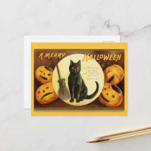Postal Festiva Vintage A Merry Halloween Black Cat Broom