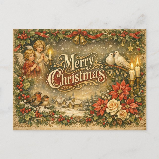 Postal Festiva Vintage Angel Cherub Merry Christmas  (Anverso)