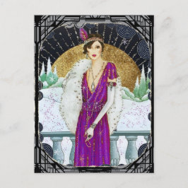 Postal Festiva Vintage años 1920 Vestido morado Flapper Lady