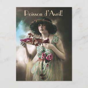 Postal Festiva Vintage April Fools Day Chica con peces