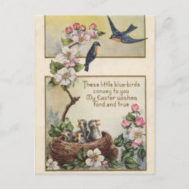 Postal Festiva Vintage Aves azules de Pascua y saludos de nido