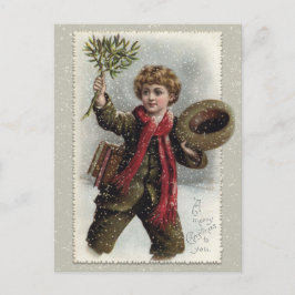 Postal Festiva Vintage Boy in Snow con el saludo navideño de Feli