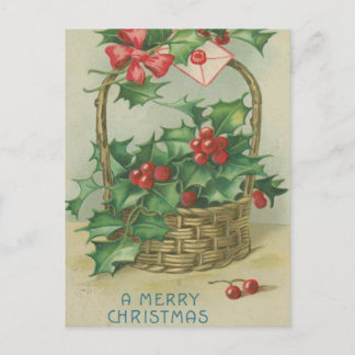 Postal Festiva Vintage cesta navideña con Holly