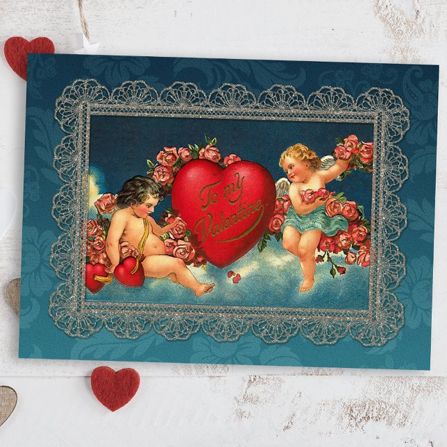Postal Festiva Vintage Cherubs y Valentine Heart (Subido por el creador)