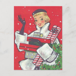 Postal Festiva Vintage, Chica de compras de los Navidades retro d