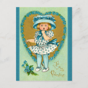 Postal Festiva Vintage Chica de San Valentín vestido con puntos d