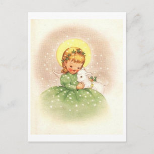 Postal Festiva Vintage Christmas Angel Chica Con Cordero Bebé