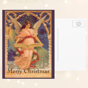 Postal Festiva Vintage Christmas, Angel Victoriano leyendo la Bib