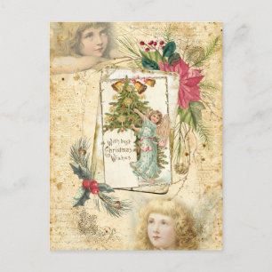Postal Festiva Vintage Christmas Angels, Holly y Poinsettias