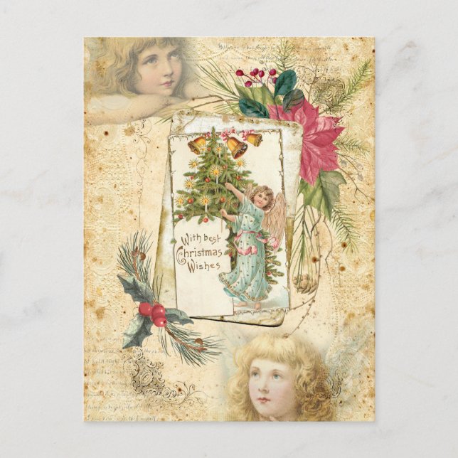 Postal Festiva Vintage Christmas Angels, Holly y Poinsettias (Anverso)