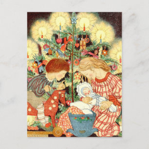 Postal Festiva Vintage Christmas Card   Niños del árbol de Navida