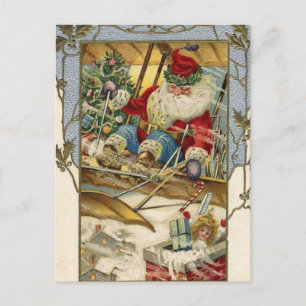 Postal Festiva Vintage Christmas Card   Santa en un avión