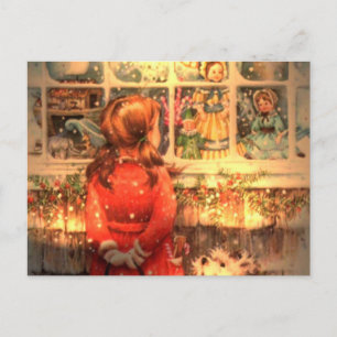Postal Festiva Vintage Christmas Chica mirando en la ventana