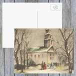 Postal Festiva Vintage Christmas, Church in Winowscape<br><div class="desc">Ilustracion de época Navidades victorianos celebran el diseño religioso con una iglesia en un paisaje invernal con árboles. Hay nieve en el suelo y los feligreses llegan para los servicios. Bonitos tonos antiguos con colores vivos de rojo y verde en las ventanas.</div>