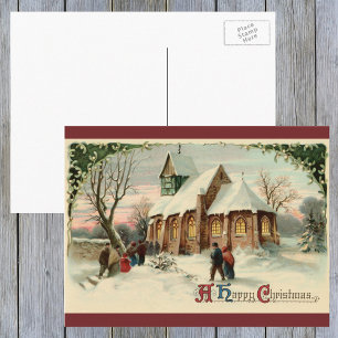 Postal Festiva Vintage Christmas Church Parishoners en misa al am